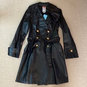 New Yoana Baraschi Shiny Black Pleather Trench Coat with Gold Buttons & Belt